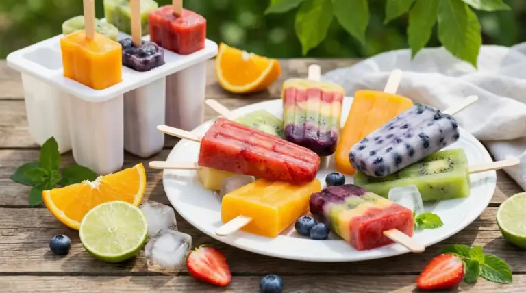 Ghiaccioli fatti in casa alla frutta disposti su un piatto e in uno stampo, con fettine di agrumi e frutti di bosco