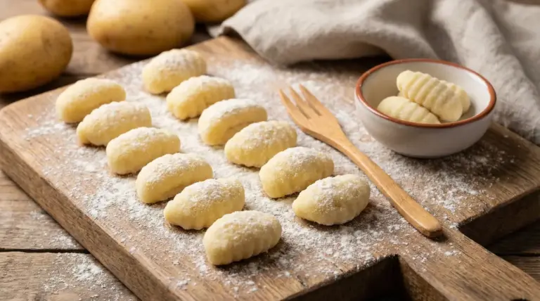Gnocchi fatti in casa su un tagliere infarinato con patate sullo sfondo