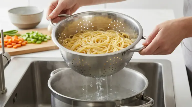 Una persona scola gli spaghetti con uno scolapasta in metallo sopra un lavello