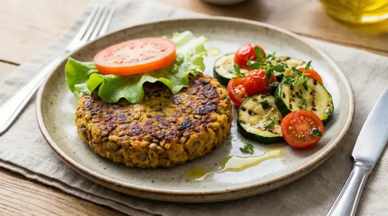 Hamburger di lenticchie con lattuga e pomodoro, servito con zucchine e pomodorini grigliati