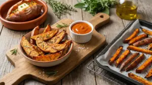 Patate dolci al forno in diverse preparazioni su un tavolo rustico con erbe e olio d'oliva