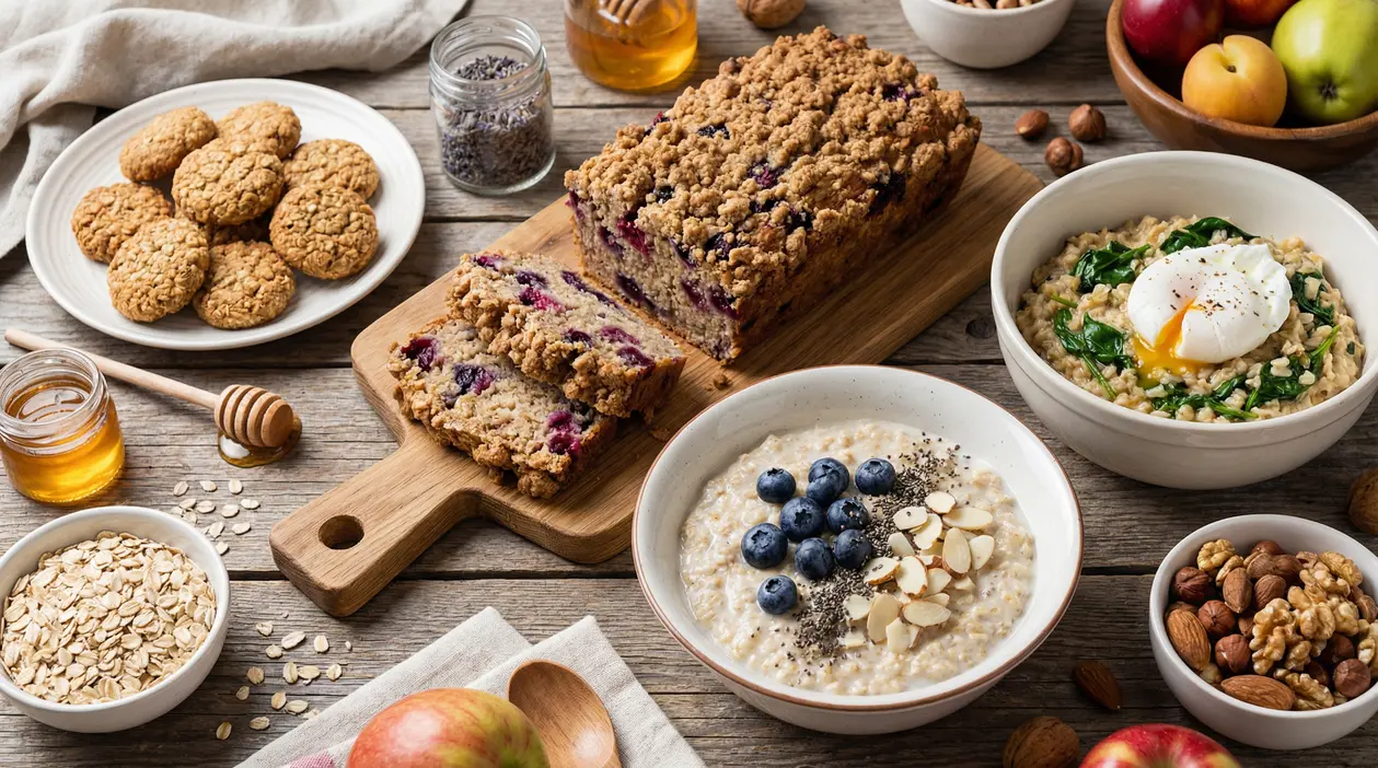 Vari piatti a base di farina d'avena su un tavolo in legno, tra cui biscotti, porridge e pane con frutti di bosco