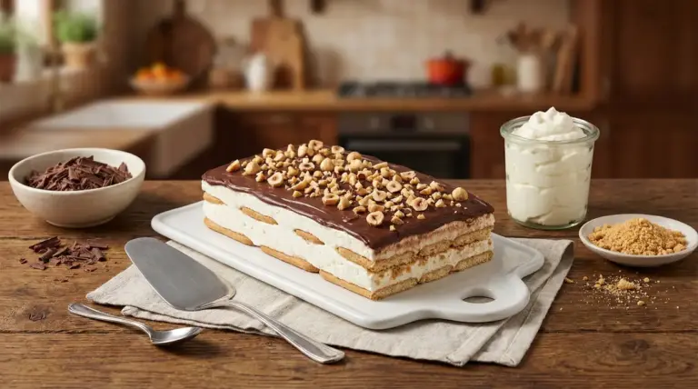 Dolce con biscotti, crema e cioccolato su vassoio bianco, decorato con nocciole tritate