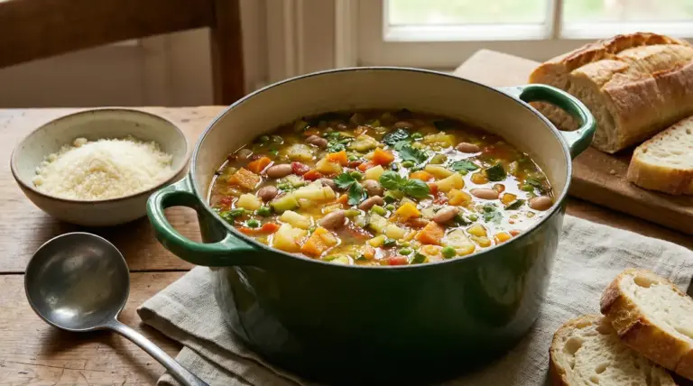 Pentola verde di minestrone colorato su un tavolo con pane a fette e formaggio grattugiato