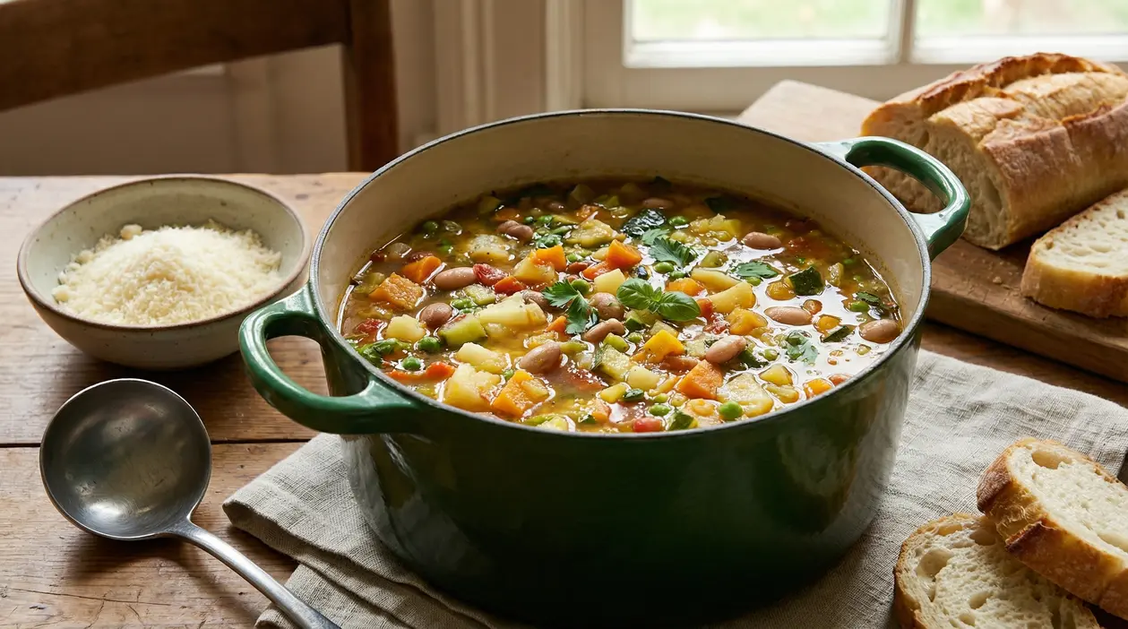 Pentola verde di minestrone colorato su un tavolo con pane a fette e formaggio grattugiato