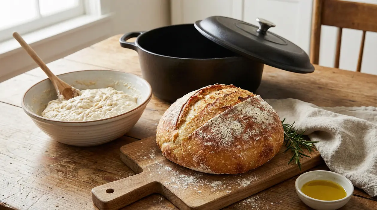 Pagnotta di pane fatto in casa con impasto grezzo su tavolo rustico