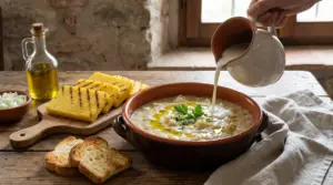 Preparazione del baccalà alla vicentina con latte e contorno di polenta e pane tostato