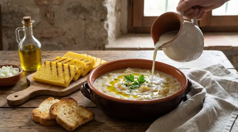 Preparazione del baccalà alla vicentina con latte e contorno di polenta e pane tostato