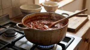 Pentola di ragù che cuoce sul fornello con un cucchiaio di legno