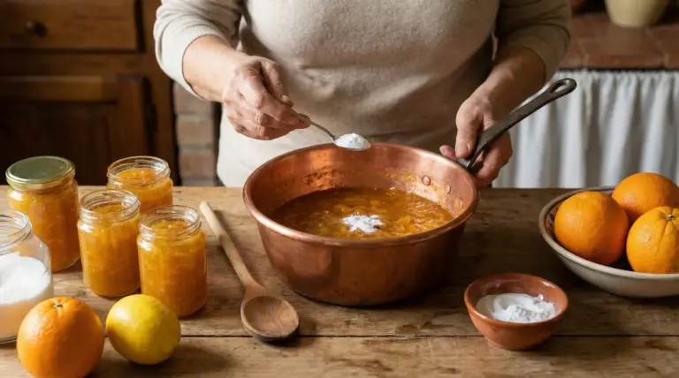 Una persona aggiunge un ingrediente in una pentola di marmellata fatta in casa con agrumi