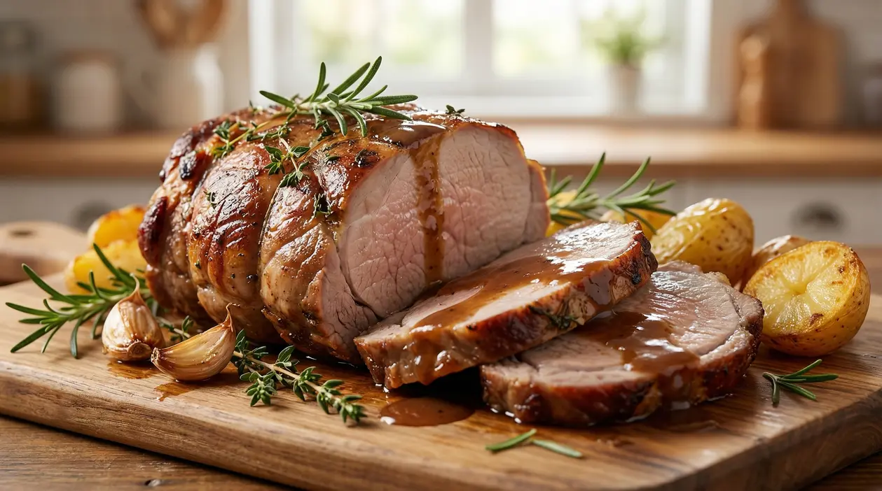 Arrosto di carne affettato con salsa e patate al forno su un tagliere di legno