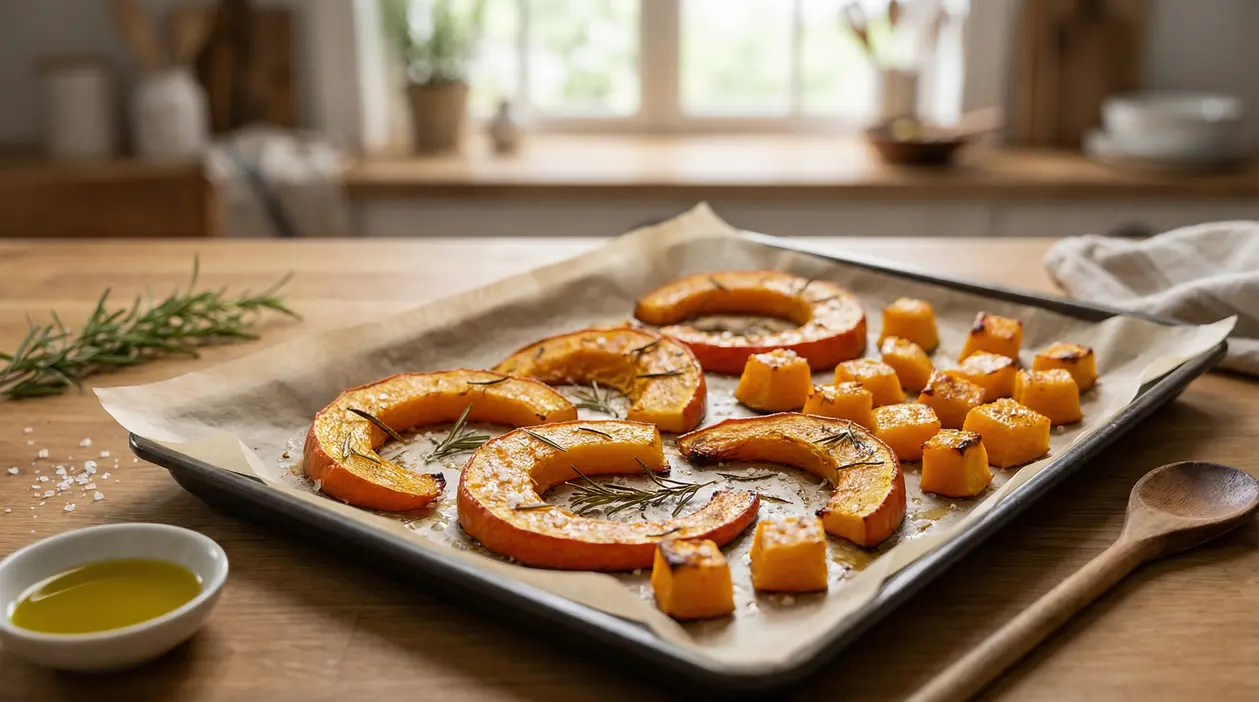 Fette e cubetti di zucca arrosto su una teglia con rosmarino e sale grosso