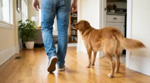 Cane che segue una persona all'interno di una casa