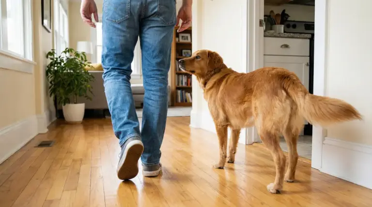 Cane che segue una persona all'interno di una casa