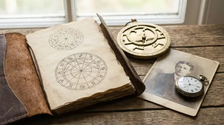 Libro antico con simboli zodiacali accanto a oggetti vintage su un tavolo di legno