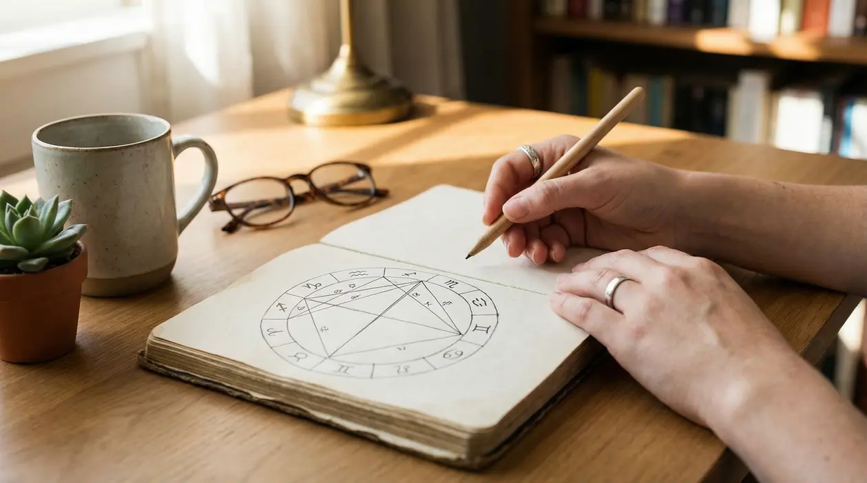 Una persona disegna un cerchio zodiacale su un quaderno aperto sopra una scrivania di legno