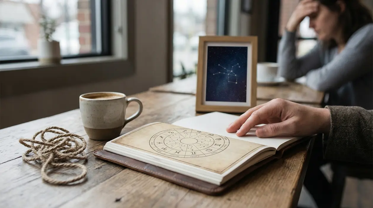 Una persona sfoglia un libro con un grafico zodiacale su un tavolo di legno accanto a una tazza di caffè