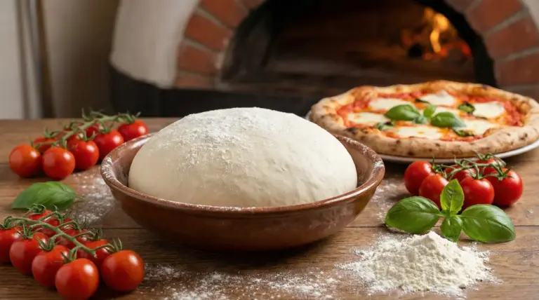 Impasto per pizza in una ciotola di terracotta con ingredienti freschi e forno a legna sullo sfondo