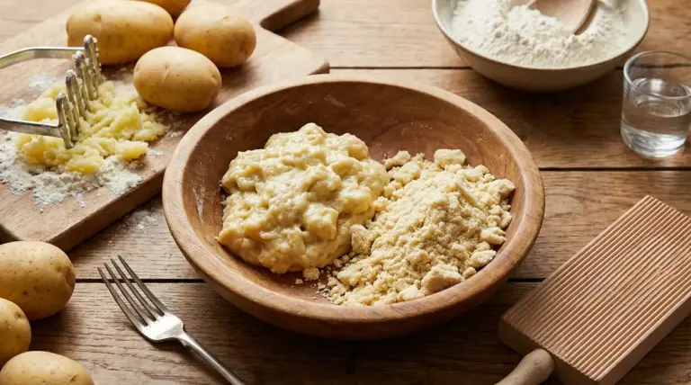 Impasto per gnocchi con patate schiacciate e farina su un tavolo di legno