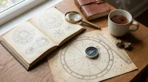 Materiali astrologici su un tavolo: carte zodiacali, una bussola e una tazza di tè caldo