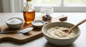 Ciotola di avena accanto a zucchero, sciroppo, sale e cioccolato su un tagliere di legno