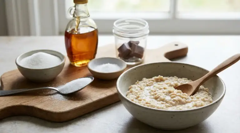 Ciotola di avena accanto a zucchero, sciroppo, sale e cioccolato su un tagliere di legno