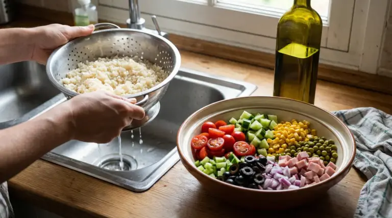 Una persona scola il riso in un colapasta accanto a ingredienti per insalata di riso su un piano cucina