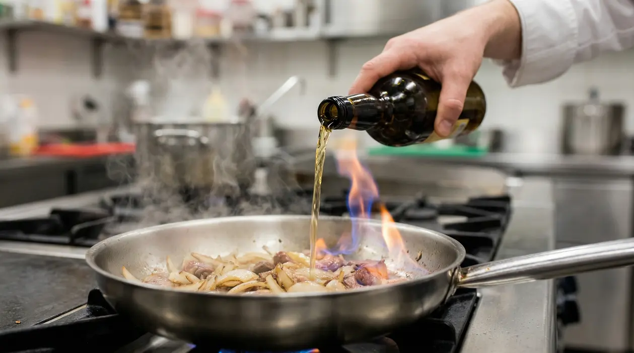 Una persona versa alcol in una padella su fiamma viva durante la cottura in cucina professionale