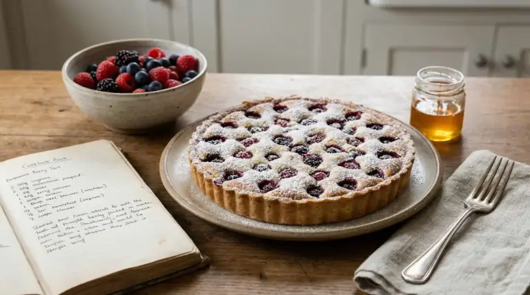 Crostata ai frutti di bosco con zucchero a velo su un tavolo di legno accanto a una ciotola di frutta e un barattolo di miele