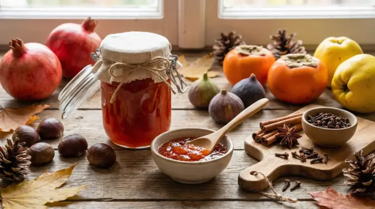 Vasetto di marmellata autunnale su tavolo rustico con frutta, spezie e castagne