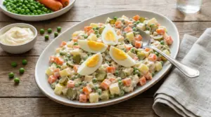 Insalata russa servita con uova sode su un piatto ovale, accompagnata da piselli e maionese