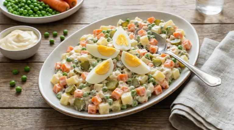 Insalata russa servita con uova sode su un piatto ovale, accompagnata da piselli e maionese