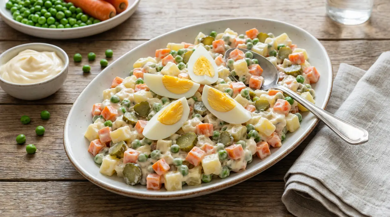 Insalata russa servita con uova sode su un piatto ovale, accompagnata da piselli e maionese