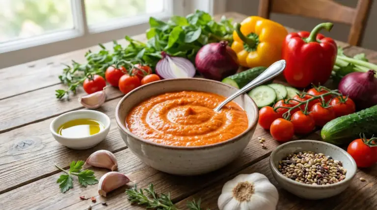 Ciotola di salsa arancione circondata da verdure fresche, legumi e olio su un tavolo rustico