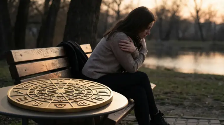 Una persona seduta su una panchina al tramonto accanto a un simbolo circolare zodiacale