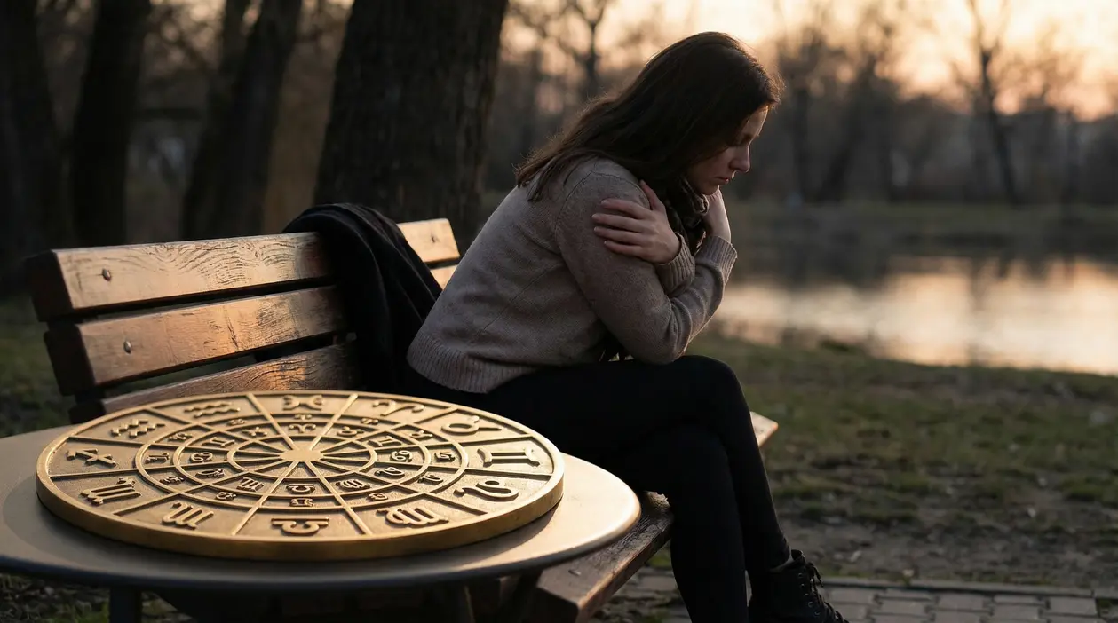 Una persona seduta su una panchina al tramonto accanto a un simbolo circolare zodiacale