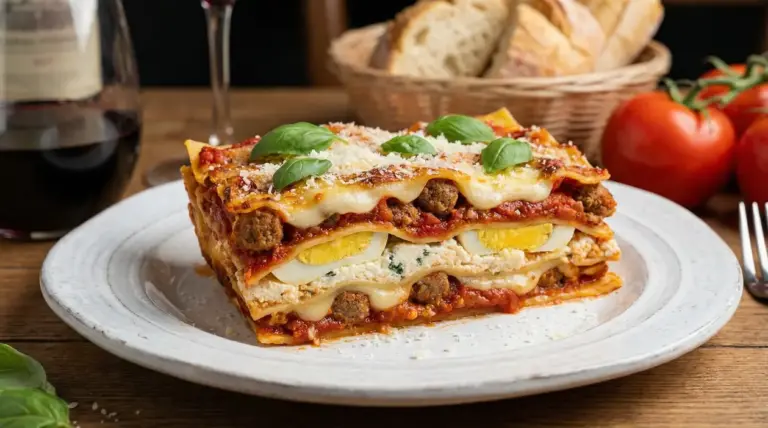 Una porzione di lasagna napoletana su un piatto, con sugo, uova sode, polpette e basilico fresco