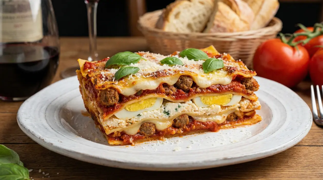 Una porzione di lasagna napoletana su un piatto, con sugo, uova sode, polpette e basilico fresco