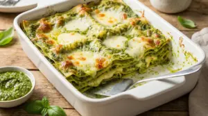 Lasagne al pesto appena sfornate in una teglia bianca su un tavolo rustico