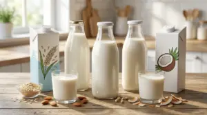 Varietà di latte vegetale in bottiglie e cartoni su un tavolo di cucina con ingredienti naturali