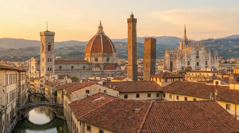 Panorama di famosi monumenti italiani con tetti rossi al tramonto