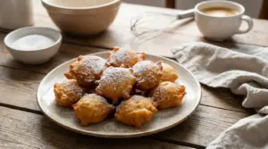 Un piatto di frittelle dorate spolverate di zucchero a velo su un tavolo rustico