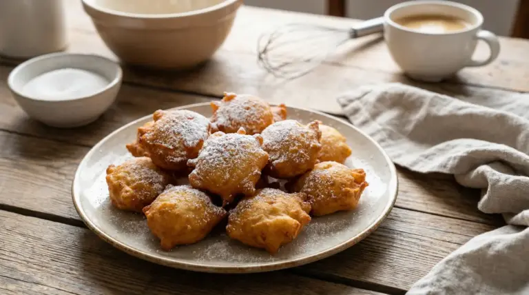 Un piatto di frittelle dorate spolverate di zucchero a velo su un tavolo rustico