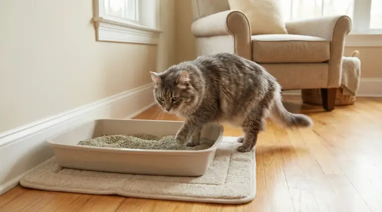 Gatto anziano che utilizza una lettiera in una stanza luminosa con pavimento in legno