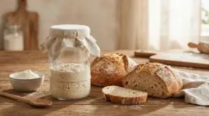 Lievito madre in barattolo su tavolo rustico con pagnotte di pane e farina