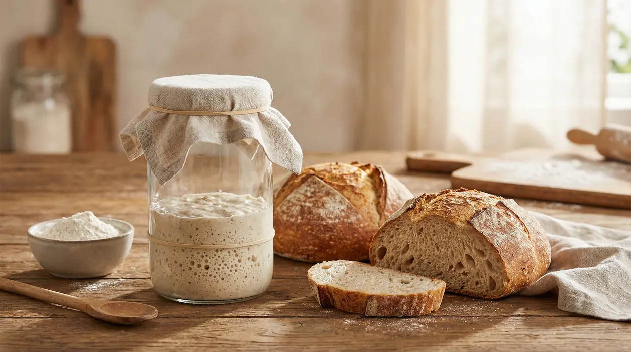 Lievito madre in barattolo su tavolo rustico con pagnotte di pane e farina