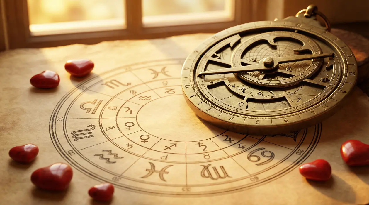 Astrolabio su un disegno zodiacale con cuori sparsi, simbolo dell'influenza di Venere sull'amore