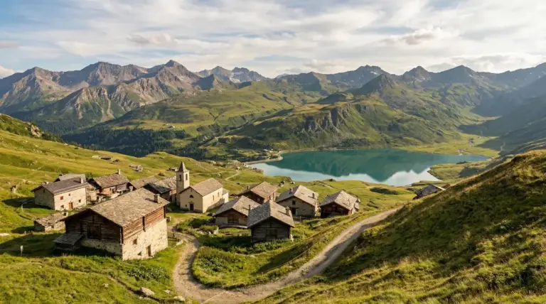 Borgo alpino con case in pietra e lago turchese tra le montagne verdi