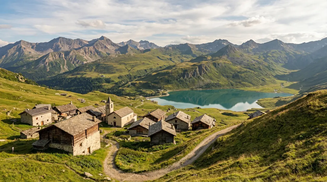 Borgo alpino con case in pietra e lago turchese tra le montagne verdi