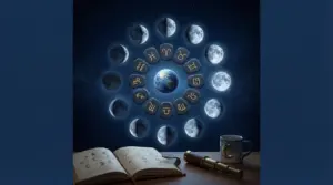 Fasi lunari disposte in un cerchio attorno alla Terra con simboli zodiacali